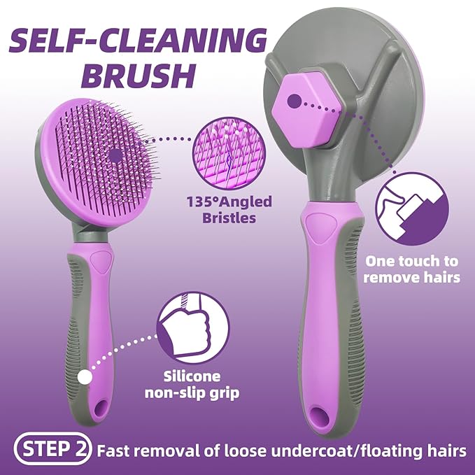 Dog Brush for Shedding, 7 PCS Dog Grooming Brush Kit Including Undercoat Rake, Slicker Brush, Dematting Comb, Nail Clipper, Bath Brush for Long & Short Haired Dogs, Cats - Purple