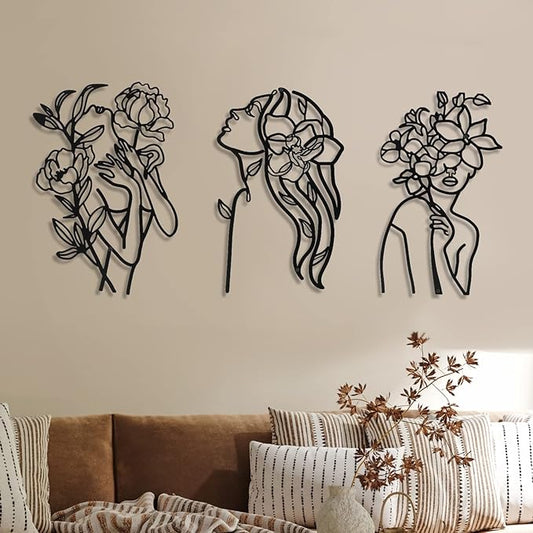 Photect 3 Pcs Metal Wall Art Decor Minimalist Abstract Woman Wall Art Metal Modern Line Drawing Decor Female Single Line Home Hanging for Bedroom Bathroom Living Room Christmas Housewarming(Elegant)