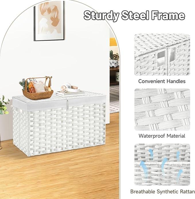 180L Wicker Storage Basket with Lid, Handwoven Rattan Large Shelf Basket with Removable Liner, 47.6 Gallon Wicker Basket for Blanket, Storage Trunk with Handle for Closet, Bedroom, Livingroom, White