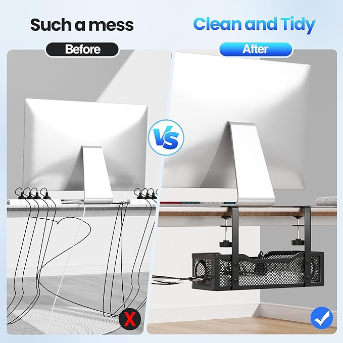 2 Pack Cable Management Under Desk Tray, No Drill Cable Management Box with Clamp for Wire Organization, Cord Organizer for Office, Home - No Damage to Desk (Black)