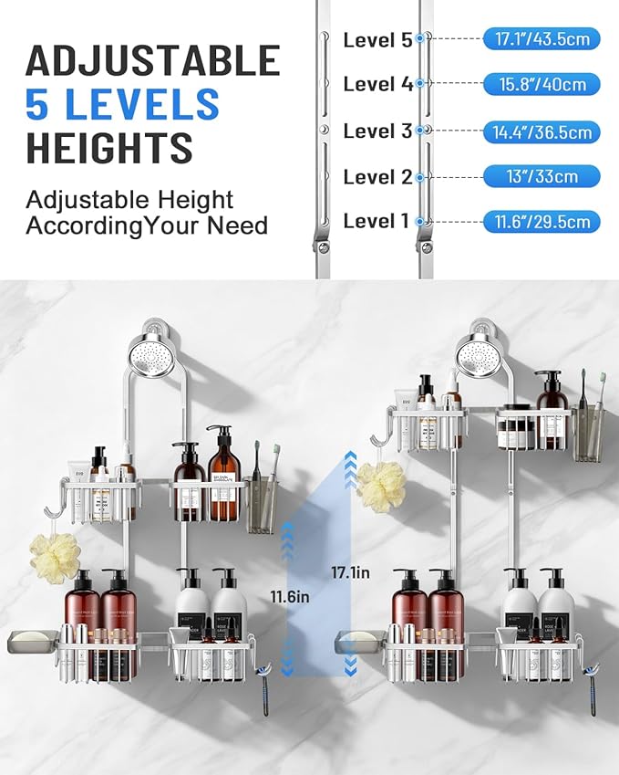 Adjustable Shower Caddy Hanging for Handheld Showerheads - Never Rust Shower Hanging Organizer, Upgraded Bathroom Shower Rack with Soap Basket, Hooks and Toothbrush Holder (Silver)