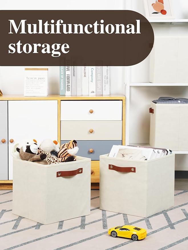 Temary 11x11 Storage Cubes Fabric Cube Storage Bins with Handles Clothes Storage Boxes Baskets for Organizing Home, Shelf, Closet (Beige, 11 x 11 x 11)