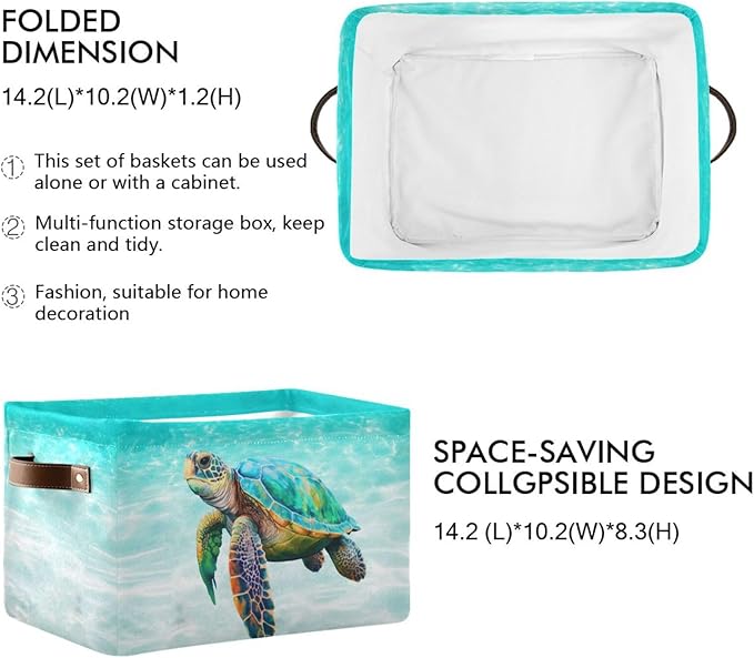 Sea Turtle Beach Large Storage Basket Cube Storage Bin Canvas Fabric Organizer Handles Collapsible Decorative for Clothes Toys Bedroom