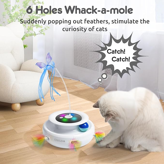 ORSDA Cat Toy, 3-in-1 Automatic Interactive Electronic Moving Ambush Feather, Fluttering Butterfly, Track Balls, USB Rechargeable Powered Smart Indoor Exercise Kicker