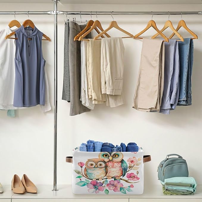 Large Storage Basket Cute Owl Couple Flowers Storage Bin Cube Canvas Fabric Organizer Handles Collapsible for Clothes Toys Bedroom Decorative