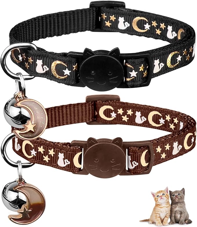 2PCS Breakaway Cat Collars with Bell Cute Kitty Glow in The Dark Adjustable Kitten Collars 6.9-10.7 Inch(Brown&Black)