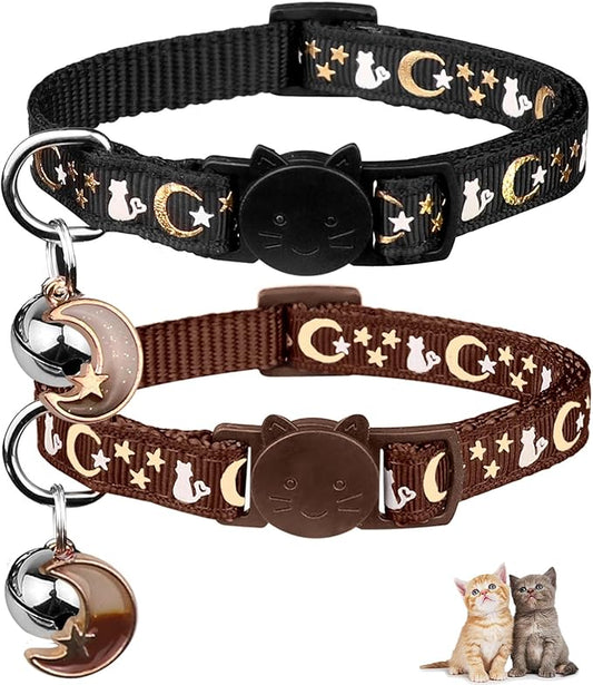 2PCS Breakaway Cat Collars with Bell Cute Kitty Glow in The Dark Adjustable Kitten Collars 6.9-10.7 Inch(Brown&Black)