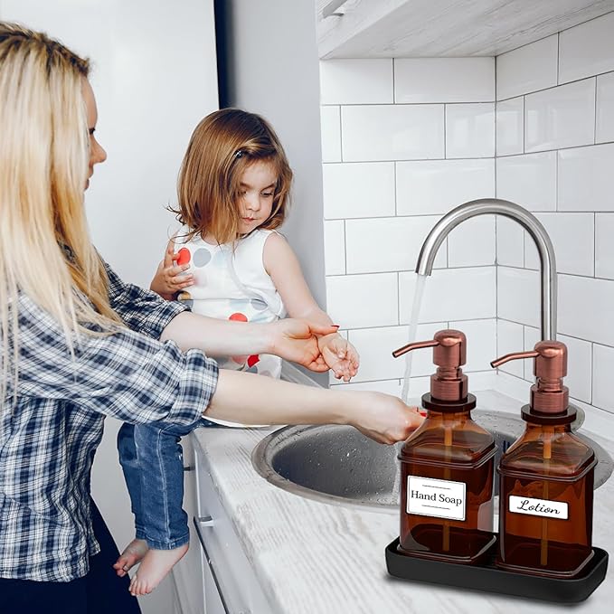 Soap Dispenser - 2 Pack, Antique Design Thick Amber Glass Hand Soap Dispensers with Sturdy Tray; 304 Rust Proof Stainless Steel Black Pump, 12Pcs Stickers, for Kitchen, Bathroom -Brushed Copper