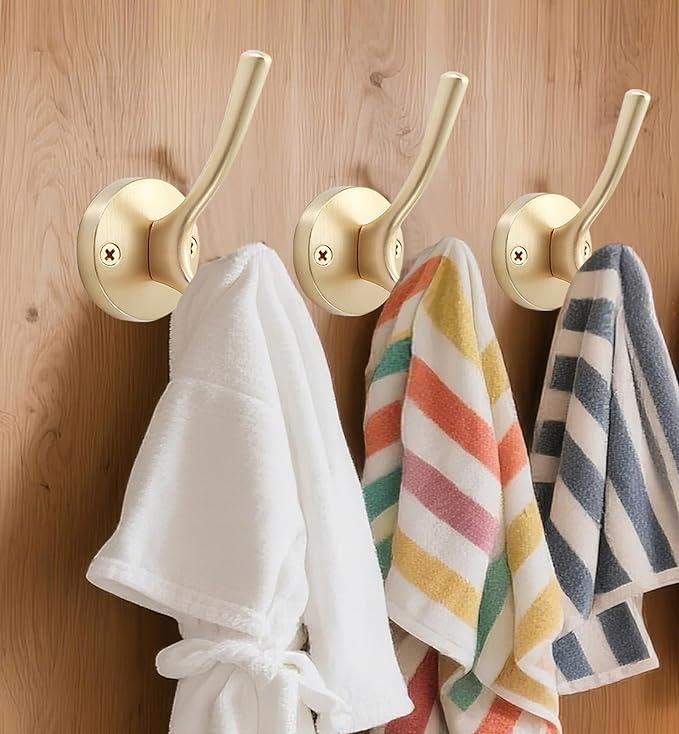 Gold Coat Hooks for Wall, 3 Pack Towel Hook Heavy Duty Metal Double Bath Robe Hook Wall Mount, Hat Hooks for Cubicle Bathroom Kitchen Closet Garage