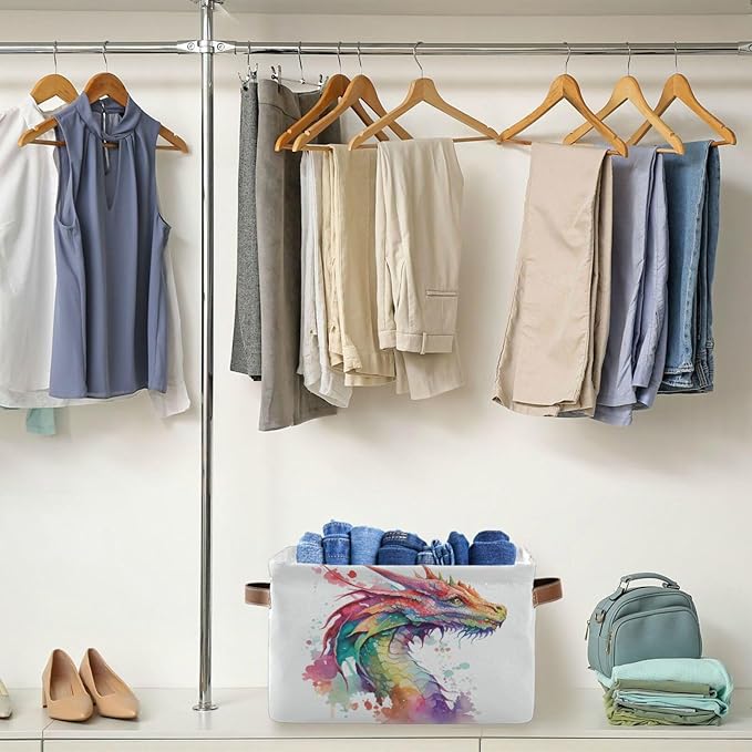 Large Storage Basket Watercolor Dragon Cube Storage Bin Canvas Fabric Organizer Handles Collapsible for Clothes Toys Bedroom Decorative