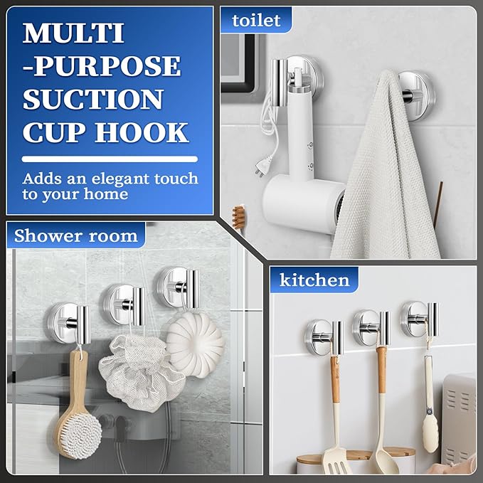 Heavy Duty Reusable Suction Cup Hooks for Shower - No Drill Bathroom/Glass/Mirror/Tiles & Metal Surfaces,and Smooth Non-Porous Surfaces for Towels, Robes, Loofahs (2, Chrome Polished)