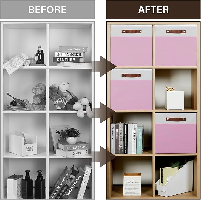 Temary Foldable Cube Baskets 4Pack - Clothes Shelf Storage with Handles, Fabric Storage Organizer Bins (White&Pink, 13x15x13 Inch)