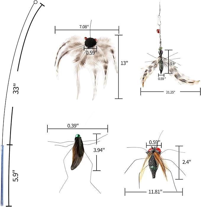 Interactive Cat Toy Bug Toys for Cats 4 Realistic Flying Bugs Cat Wand (4pcs Realistic Bug Refills + 1pc Cat Wand)