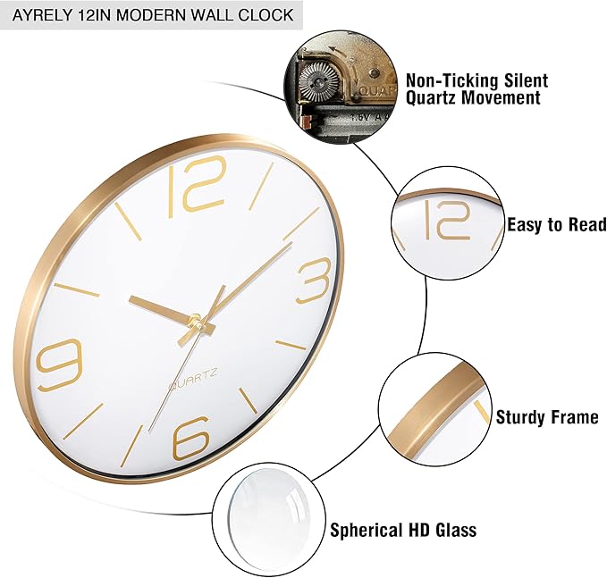 AYRELY® 12 Inch Silent Modern Wall Clocks Battery Operated, Wall Clock for Living Room Décor,Gold Metal Frame Clock Decorative for Bedroom,Kitchen,Office