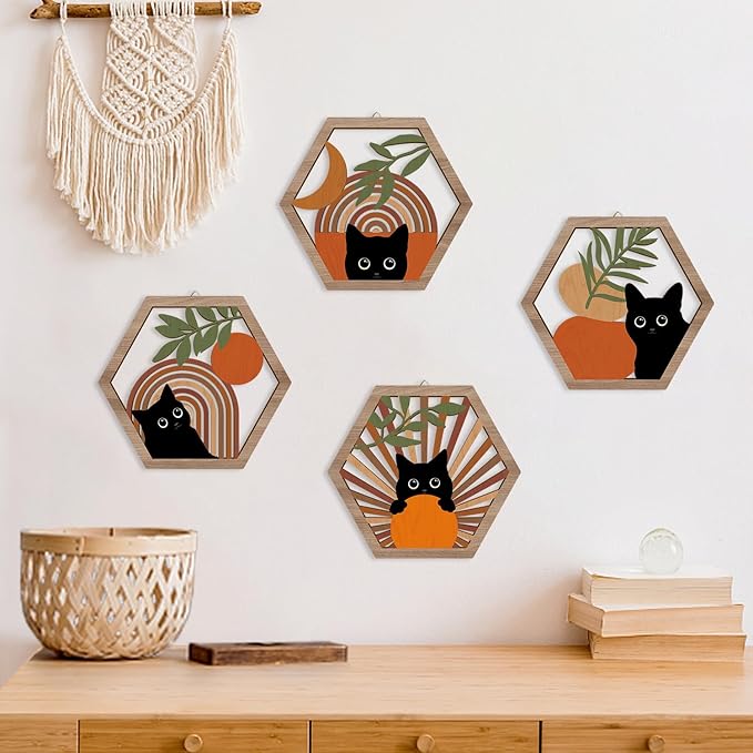 HPNIUB Boho Black Cat Wall Decor, Farmhouse Geometric Hanging Wooden Wall Art, 4 Pieces 11''x9.8'' Mid Century Bohemian Abstract Moon and Sun Wood Sign for Nursery Bedroom Decoration, Lovely Cat Gifts