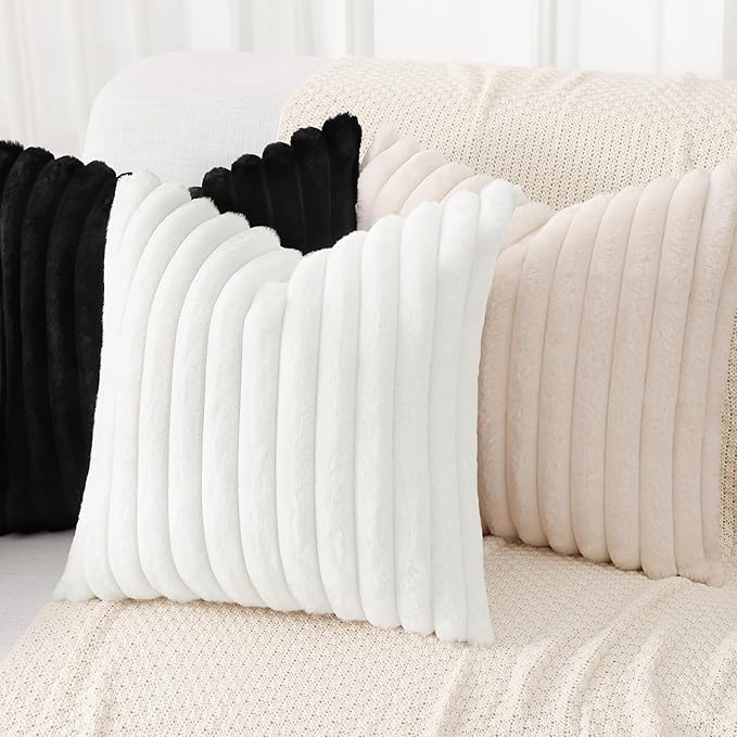 decorUhome Faux Fur Spring Throw Pillow Covers 12x20 Set of 2, Decorative Soft Plush Striped Lumbar Neutral Couch Pillow Covers with Velvet Back for Sofa, Bed, Living Room Home, Black