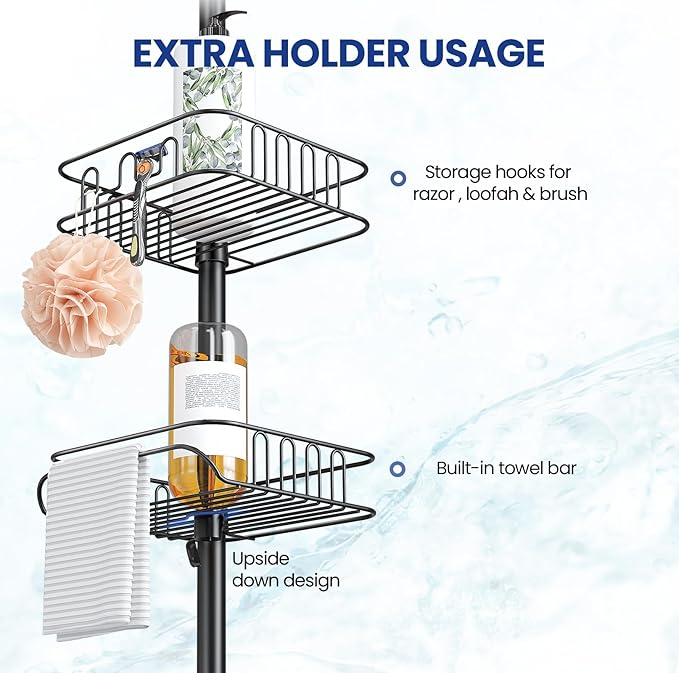 SEIRIONE Rustproof Shower Caddy and Organizer Corner for Bathroom, Tension Pole With 4 Adjustable Baskets for Shower Accessories, 34 to 116 Inch Height, Black