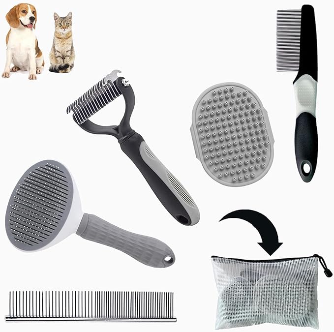 5PCS Grooming Kit for Dog,Puppy- Deshedding & Slicker Brush for Short-Haired Pets, Flea Comb and Grooming Comb Set Grey