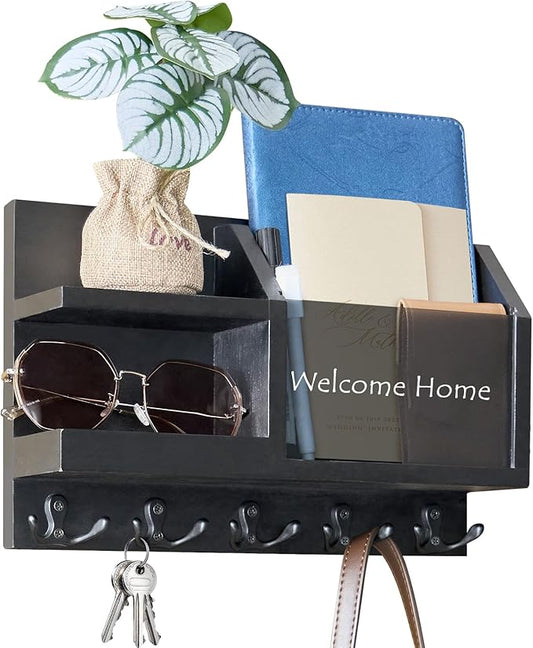 Key Holder for Wall,Farmhouse Wall Mounted Key and Mail Holder with 5 Double Hooks and Acrylic Chalkboard,Wooden Hanging Key Rack for Kitchen and Entryway Décor Letter Dog Leash