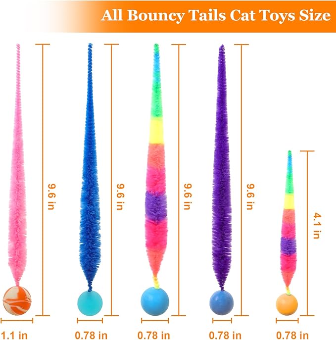 SHENGSEN Bouncy Ball with Tail Cat Toys-5 Packs,Rainbow Large Magic Worm with Ball Toy for Cats,Colorful Fuzzy Worm Bouncy Balls Cat Toy