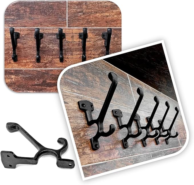 5 Pack Decorative Cast Iron Heavy Duty Double Hooks, Wall Mounted Coat Hooks, Vintage Inspired (Antique Black) (Type-7 Type)