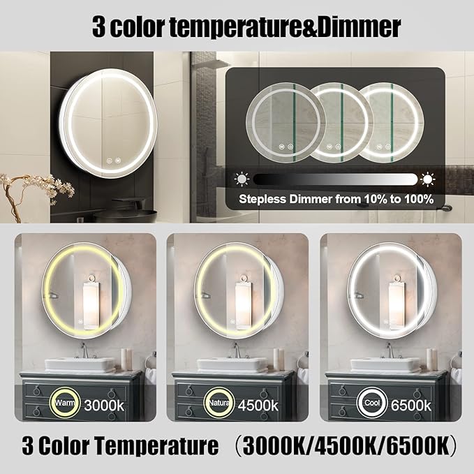 Led Round Medicine Cabinet,Bathroom Medicine Cabinet with Light,3 Color,Demister,Dimmable,Steel Constrution,White,Only for Surface Mount,28 inch