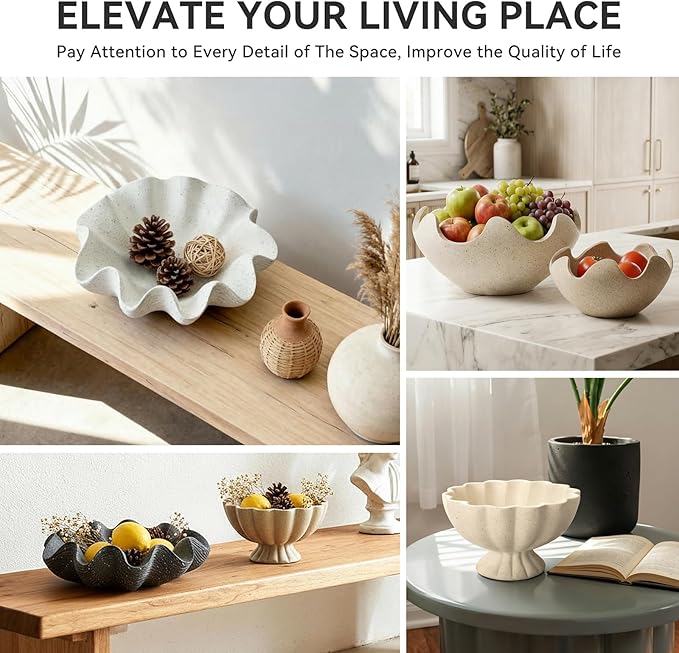 Pedestal Decorative Bowl Home Decor - Morden Resin Handmade Decorative Fruit Bowl for Kitchen Counter, Chic Ruffle Bowl Centerpiece Decor for Dining Table Coffee Table (Starry Black