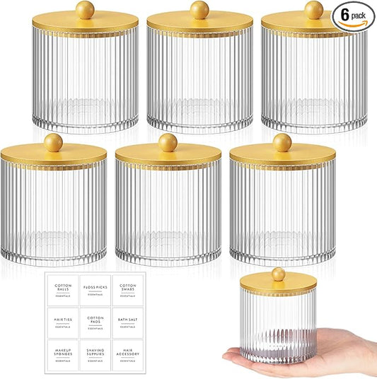 Yaomiao 6 Pcs Ribbed Bathroom Canisters Apothecary Jars with Golden Bamboo Lids and Label Stickers, 18 oz Plastic Canister with Fluted Design for Cotton Ball, Swab, Floss Picks House Storage