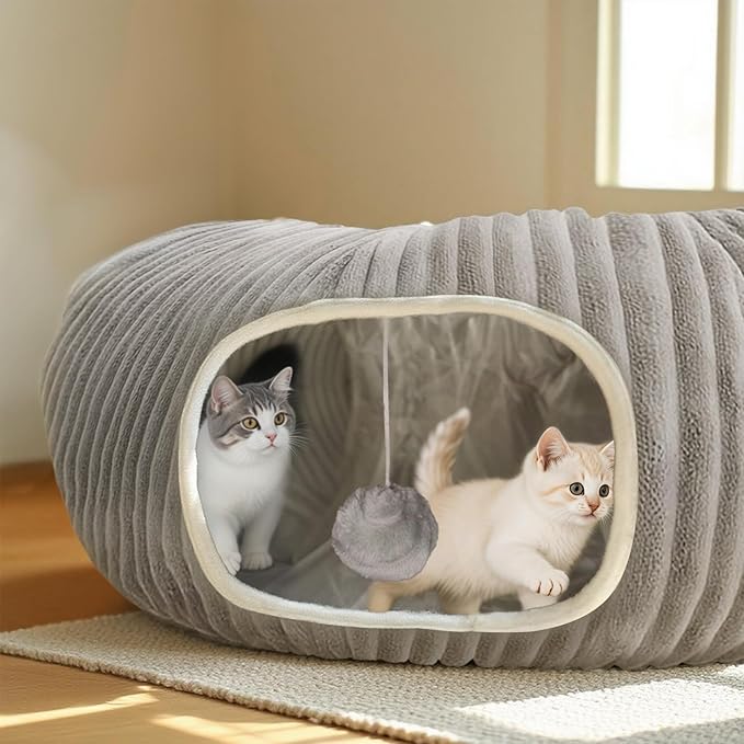 Cat Tunnel Bed for Indoor Cats, Peekaboo Cat Cave Bed,Soft Cat Donut Tunnel for Kitten Large Cats, Cat Tunnel Christmas Tree Skirt, Grey