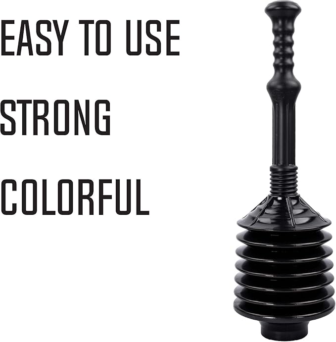 JS Jackson Supplies Professional Bellows Accordion Toilet Plunger, High Pressure Thrust Plunge Removes Heavy Duty Clogs from Clogged Bathroom Toilets, All Purpose Power Plungers for Bathrooms, Black