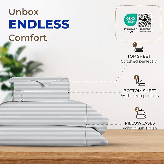 THREAD SPREAD Luxury Egyptian Cotton King Stripe Sheet Set, 600 Thread Count Extra Long Staple 4 PC Set, King Damask Sheets, Soft, Cooling Sateen Weave Sheets Upto 18" Deep Pocket - Silver Grey