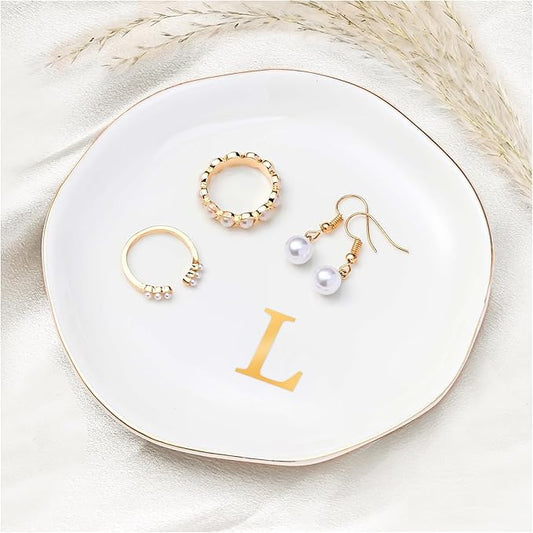 ProCase Ceramic Jewelry Tray, Initial Ring Dish Trinket Plate Engagement Gift, Small Personalized Monogram Ring Bowl for Wedding, White Decorative Jewelry Holder for Women Vanity -Letter L