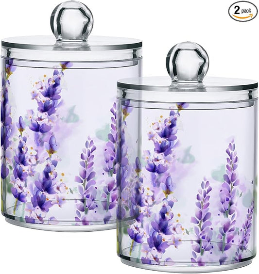 2 Pack Qtip Holder Dispenser Purple Lavender Storage Canister Bathroom Acrylic Plastic Apothecary Jars Vanity Organizer Lid for Cotton Swab/Ball/Pad