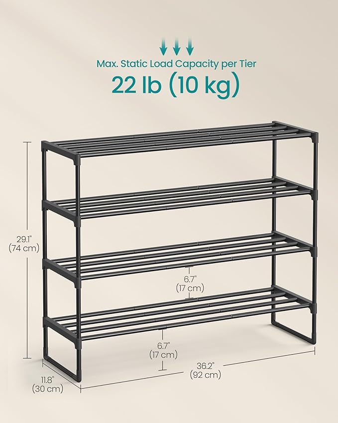 SONGMICS Shoe Rack, 4-Tier Shoe Organizer, Metal Storage Shelf, Upright or Upside Down, for 20-25 Pairs, Stackable, for Entryway, 11.8 x 36.2 x 29.1 Inches, Black ULSA14BK