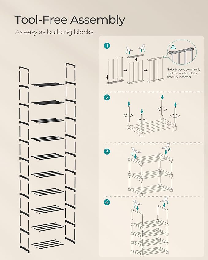 SONGMICS Shoe Rack, 10-Tier Shoe Organizer, Metal Storage Shelf, Upright or Upside Down, for 11-22 Pairs, for Entryway, 11.8 x 17.7 x 68.5 Inches, Black ULSA25BK