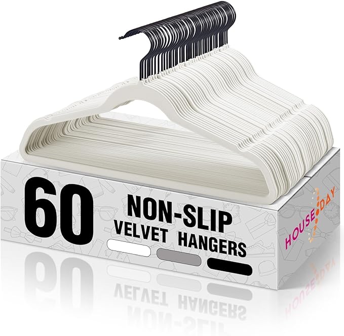 HOUSE DAY White Velvet Hangers 60 Pack, Non Slip Felt Hanger, Slim Velvet Clothes Hangers for Suits, Shirt, Heavy Duty Coat Hanger for Closet