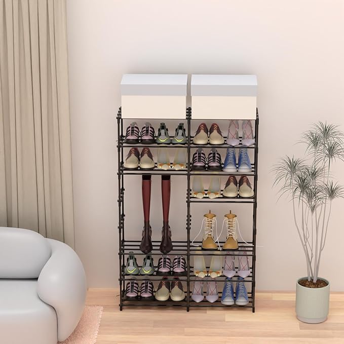 Large Shoe Rack Organizer, 2-Row 8-Tier Tall Shoe Storage Shelf for Closet, Entryway, Garage, Metal Free Standing Shoe Holder for 28-32 Pairs Shoes, Sturdy Stackable Shoe Stand for Bedroom