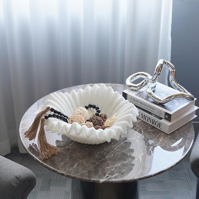 Braxio White Decorative Bowl – Resin Ruffle Bowl for Entryway, Dining Table Centerpiece, Fruit or Key Holder for Modern Home Decor, 12 Inch Art Deco Style