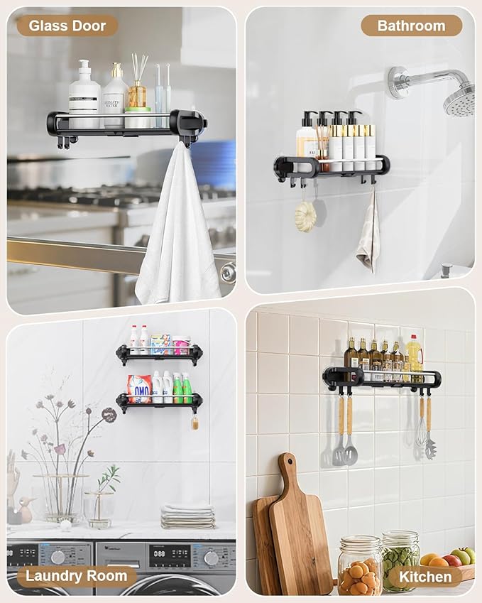 JOTPE Suction Cup Shower Shelf, Removable Shower Caddy Suction Cup with Large Capacity, Storage Suction Powerful Max Hold 22lbs, No Drilling Shelves for Bathroom Storage & Home Decor, Black