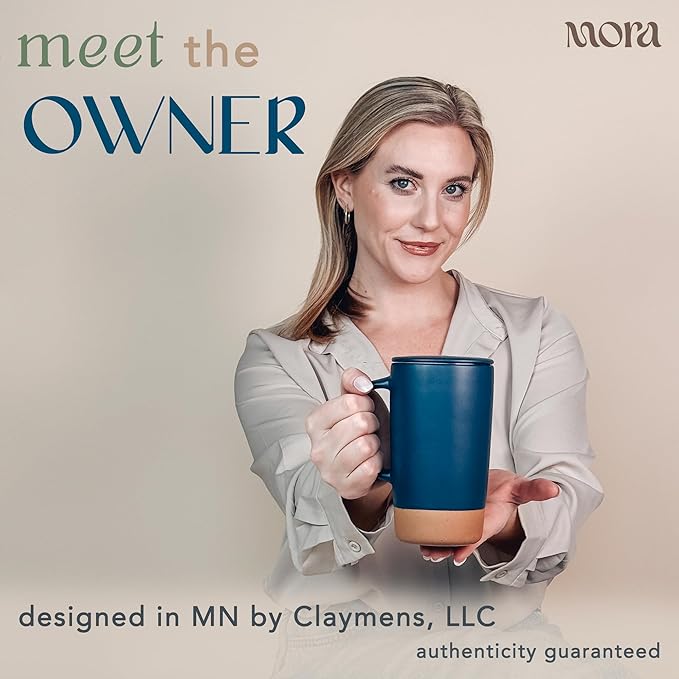 Mora Ceramics Large Tea Mug with Loose Leaf Infuser and Ceramic Lid, 18 oz, Portable, Microwave and Dishwasher Safe, Tall Coffee Cup - Rustic Matte Ceramic Glaze, Modern Herbal Tea Strainer, Deep Blue