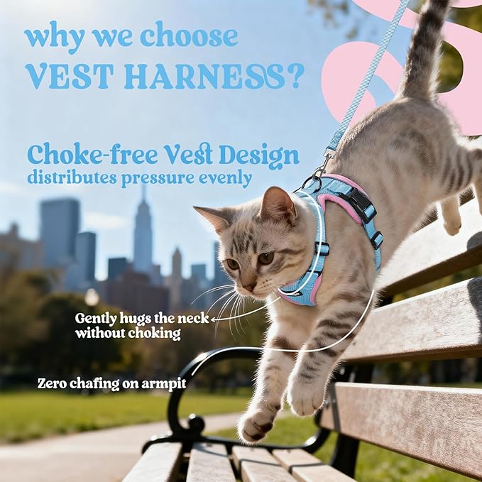 rabbitgoo Cat Harness and Leash for Walking, Escape Proof Soft Adjustable Vest Harnesses for Cats, Easy Control Breathable Reflective Strips Jacket, Light Blue&Pink, XS