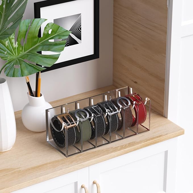 GTI Belt Organizer, Acrylic 6 Compartments Belt Organizer for Closet and Drawer, Display Case for Tie,Bow Tie and Belt,Clear Belt Storage Container Holder for Men Women
