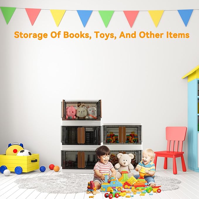 Storage Bins, Plastic Cabinet, 8.4 Gallon Capacity (32L Per One), 4 Pack, Stackable Collapsible Drawer, with Door and Buckle, Organizer for Home and Office, Transparent