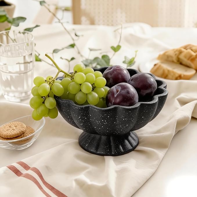 Pedestal Decorative Bowl Home Decor - Morden Resin Handmade Decorative Fruit Bowl for Kitchen Counter, Chic Ruffle Bowl Centerpiece Decor for Dining Table Coffee Table (Starry Black