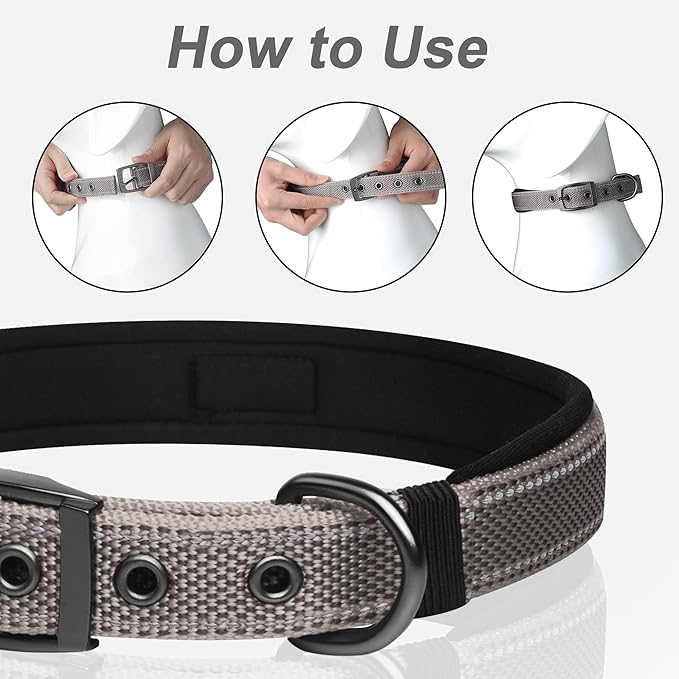 PetiFine Dog Collars for Small Dogs, Neoprene Padded Dog Collar, Reflective Heavy Duty Pet Collars with Durable Metal Belt Buckle for Walking, Grey, S