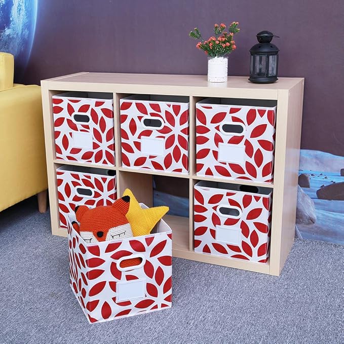MAX Houser Fabric Storage Bins Cubes Baskets Containers with Dual Plastic Handles for Home Closet Bedroom Drawers Organizers, Foldable, Set of 6 (Red)