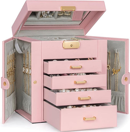 TORIBIO Jewelry Box for Women, Leather Jewelry Organizer with Mirror & Lock, 5-Tier Jewelry Storage Organizer with 4 Drawers for Girls/Women/Mothers, Necklace Earring Bracelets Holder Organizer