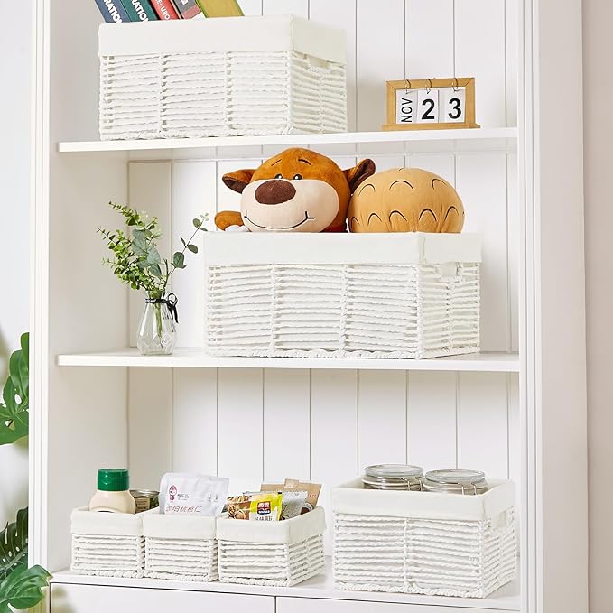 Vagusicc Wicker Storage Basket, 6 Pack Baskets for Organizing, Wicker Baskets with Handle, Rectangular Wicke Basket for Storage Shelves, Cube Storage Bins for Closet/Clothes/Dresser, White
