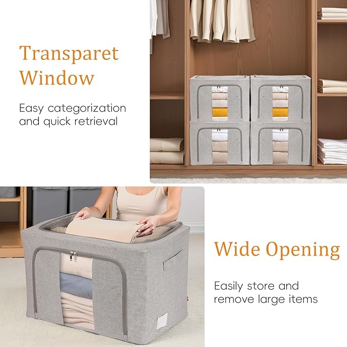 Clothes Storage Bins, Cloth Bags for Storage, 2 Pack Foldable Metal Frame Clothing Storing Bins with Double Visable Window, Large Capacity Container Box with Reinforced Handles, (66 L Grey)