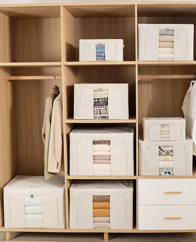 Clothes Storage Bins, 2 Pack Bedding Organizers with Handles, Stackable Metal Frame Closet Organizer, Visable Windows, Clothing Organization for Sweatshirt, Blanket, Long Dresses, (66L Cream White)